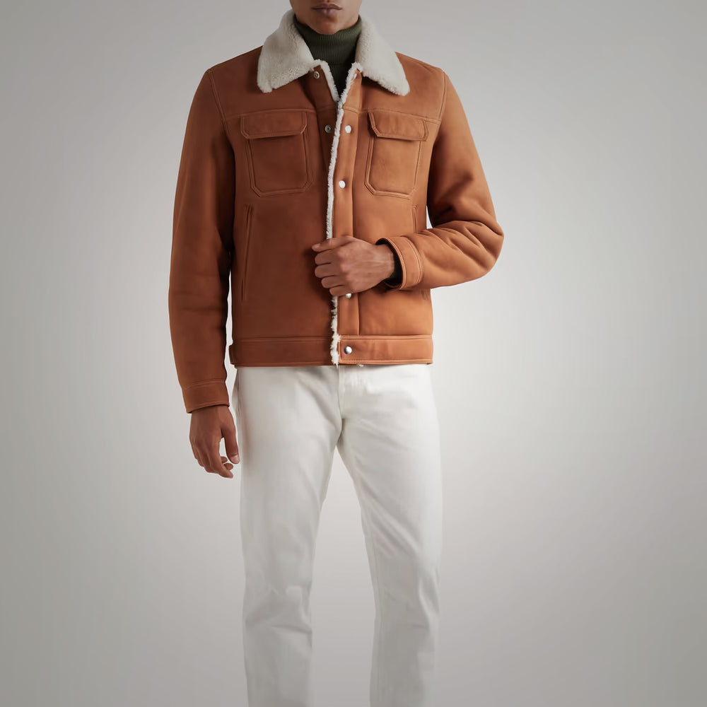Person wearing a brown jacket with white fur collar on a gray background