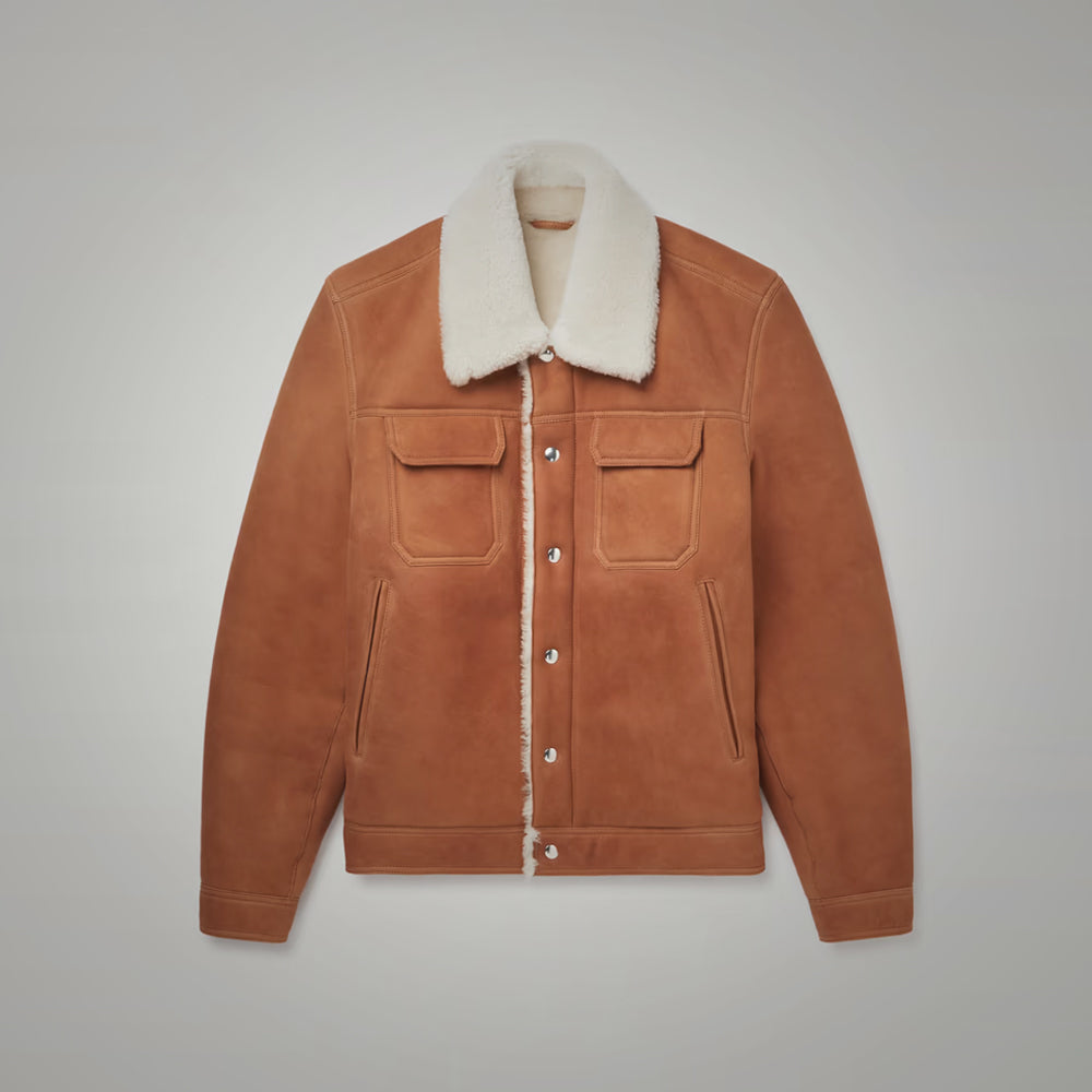 Brown leather jacket with white fur lining on a light gray background