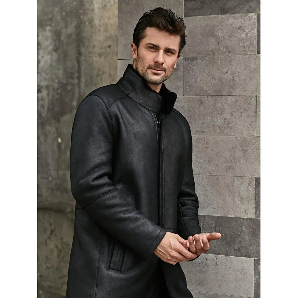 Men's Black Shearling Coat Stand Collar  Style Long Coat