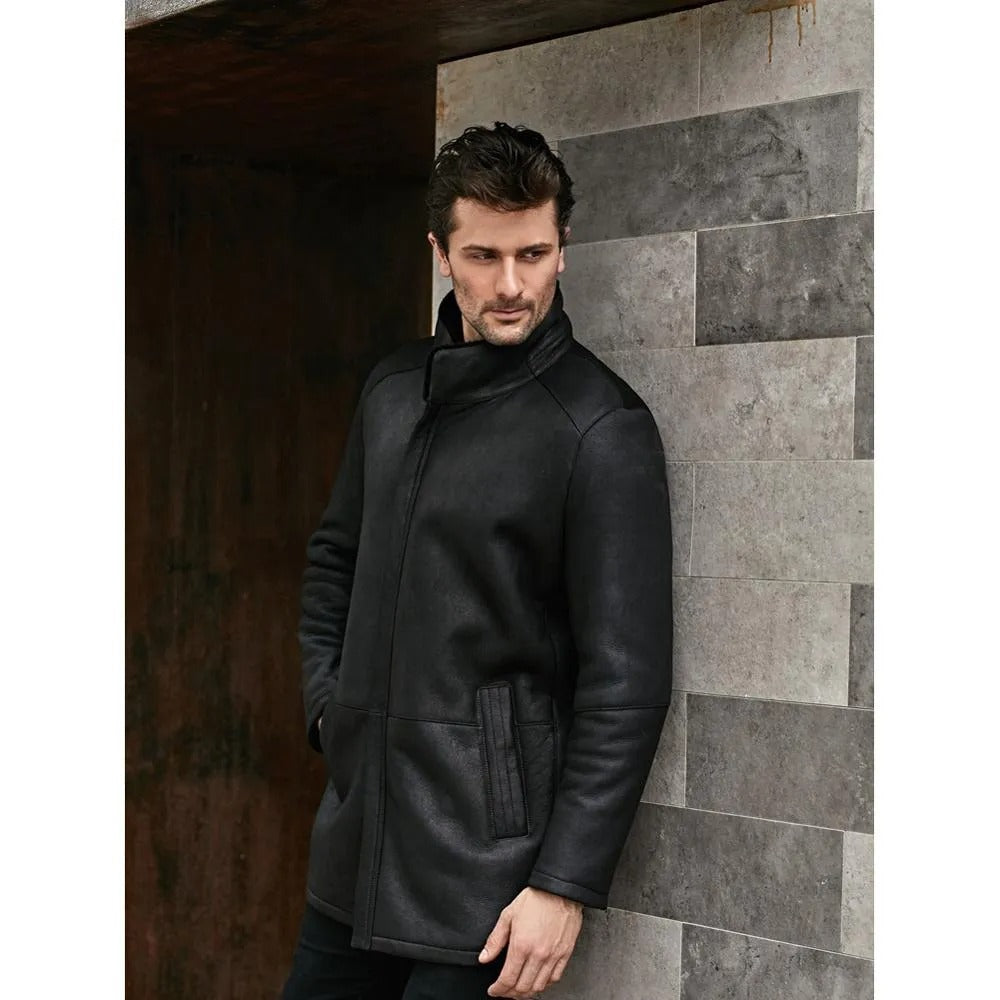 Men's Black Shearling Coat Stand Collar  Style Long Coat