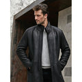 Men's Black Shearling Coat Stand Collar  Style Long Coat