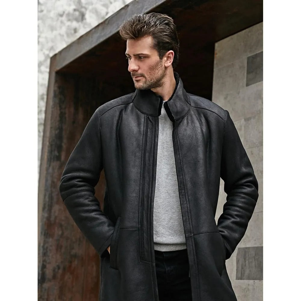 Men's Black Shearling Coat Stand Collar  Style Long Coat
