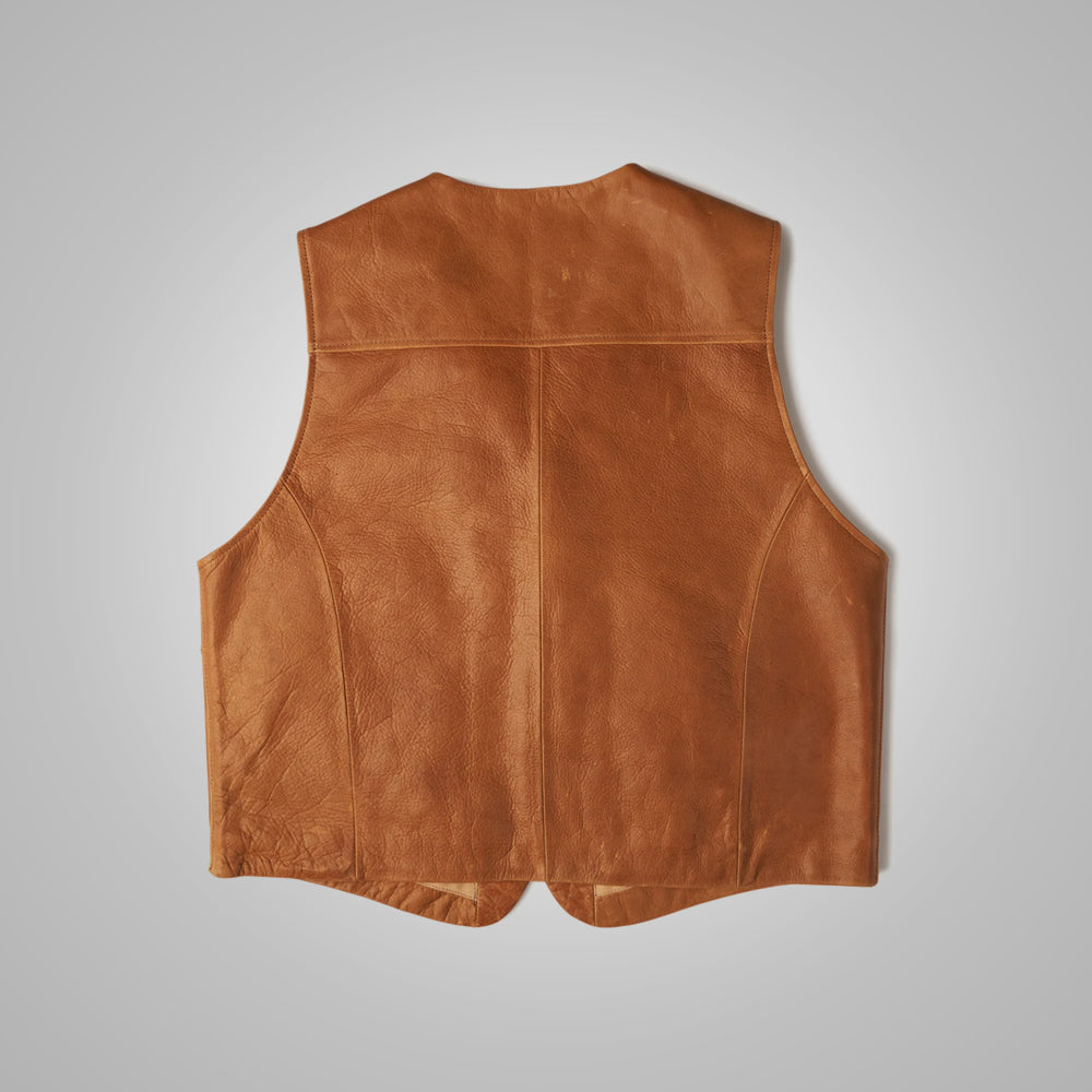 Mens Vintage Brown Sheepskin Leather Cowboy Vest 
