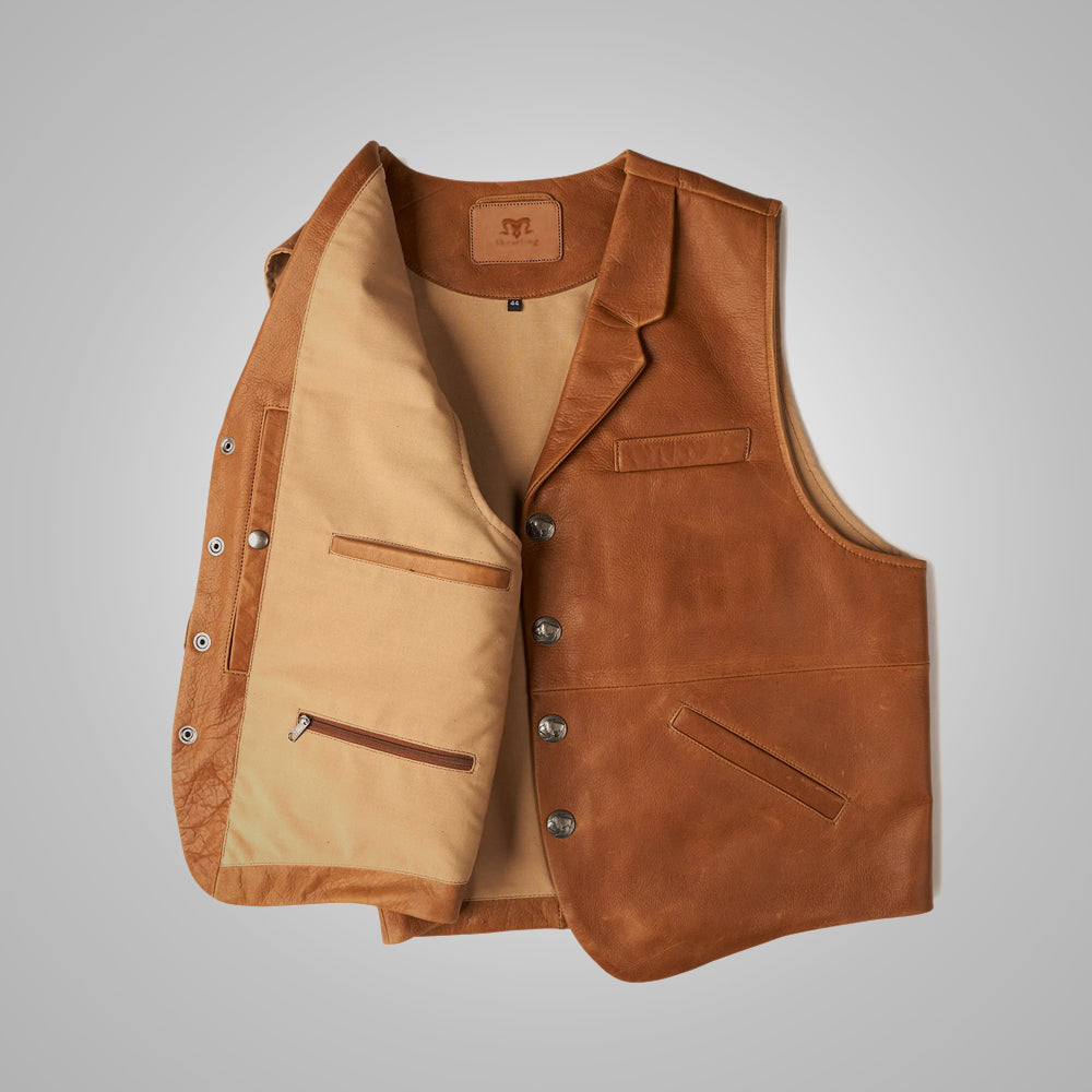 Mens Vintage Brown Sheepskin Leather Cowboy Vest 
