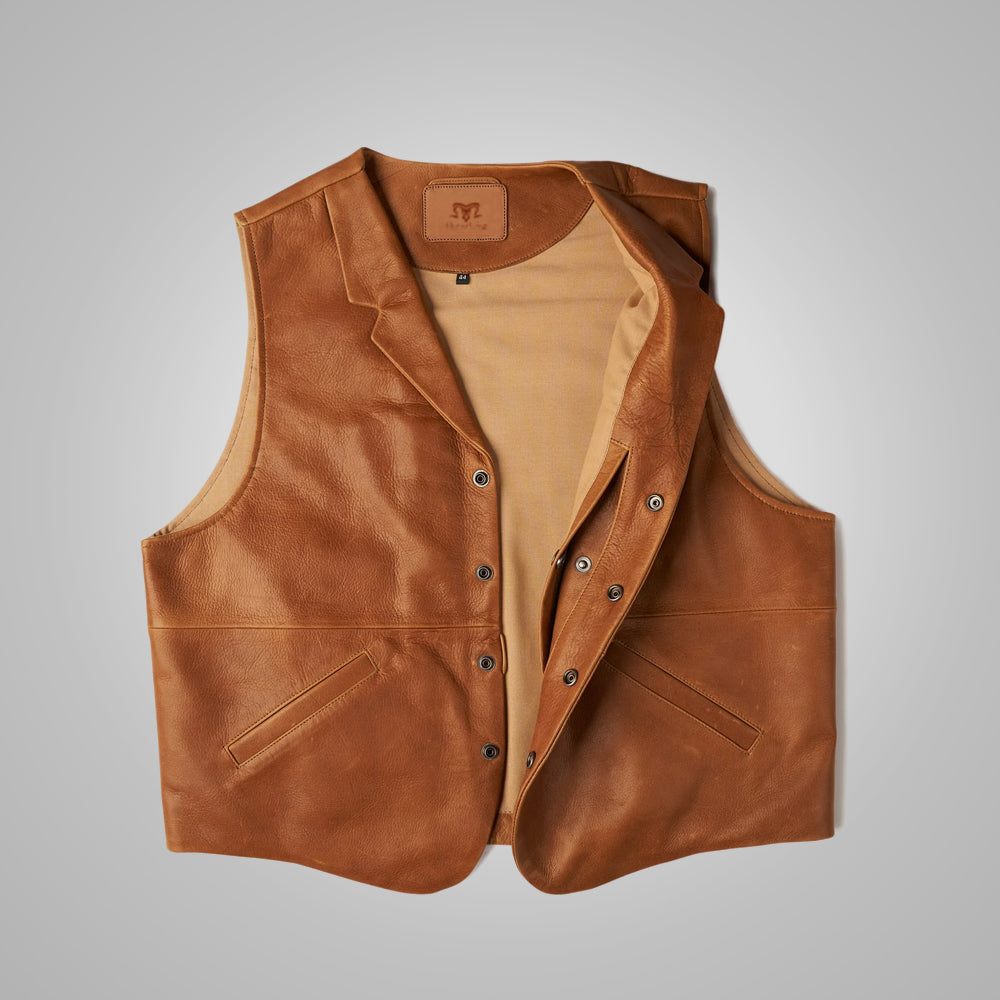 Mens Vintage Brown Sheepskin Leather Cowboy Vest 