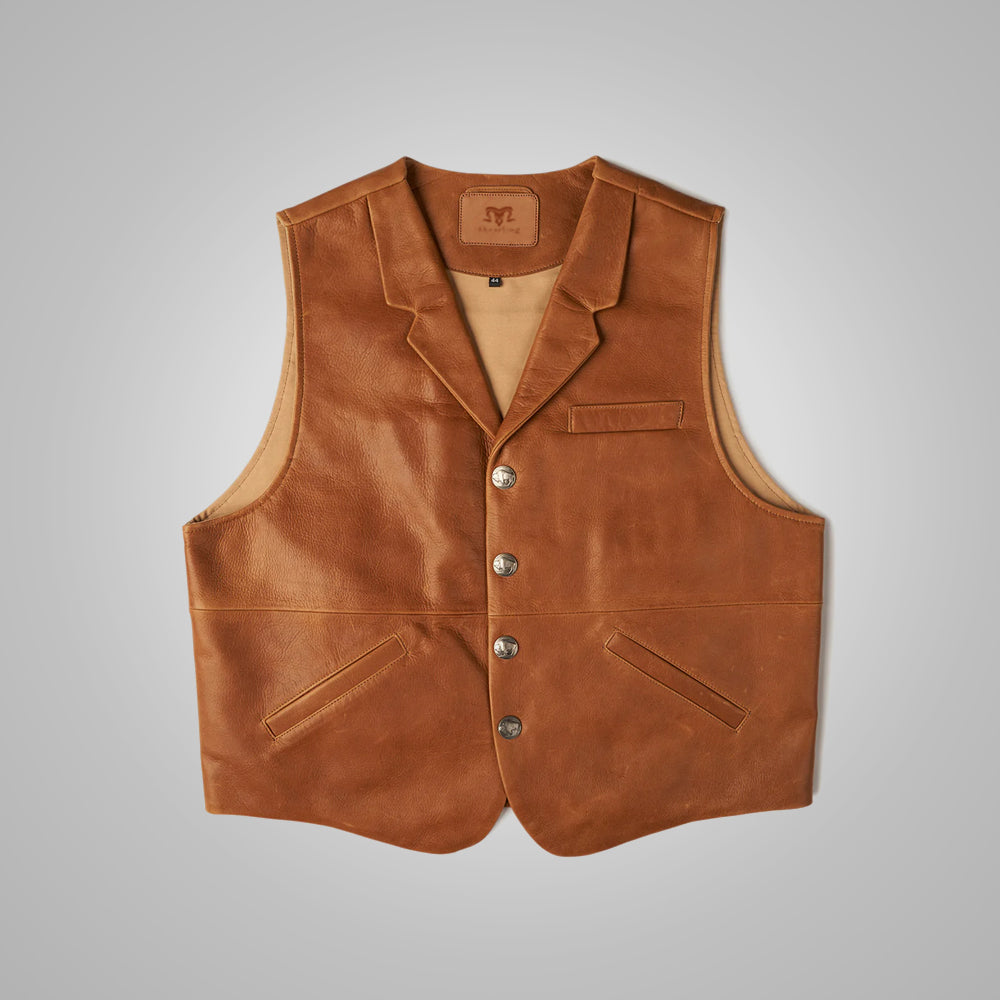 Mens Vintage Brown Sheepskin Leather Cowboy Vest 