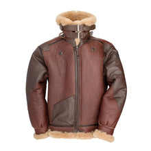 Brown leather jacket with fur lining on a white background