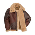 Brown leather jacket with beige shearling lining on a white background