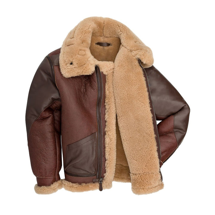 Brown leather jacket with beige shearling lining on a white background