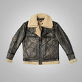 Brown leather jacket with beige shearling lining on a gray background