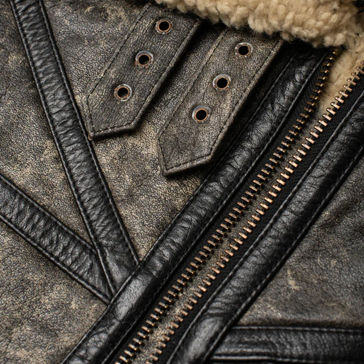 Close-up of a leather jacket with zipper and button details