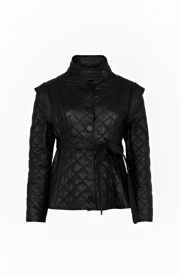 A black quilted leather jacket with a high mock neck, structured shoulders, and a self-tie belt, shown on a plain white background.