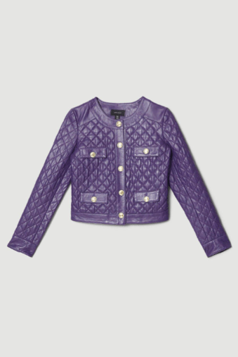 A purple quilted leather jacket with gold-tone buttons and flap pockets, displayed flat against a light gray background.