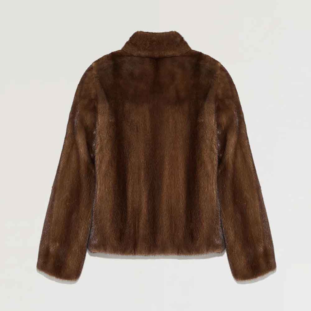 A brown fur jacket with a collar and long sleeves, shown from the back against a plain light background.