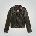 A distressed black leather motorcycle jacket with a belted waist, zippered front, and multiple zip pockets, laid flat against a light gray background.