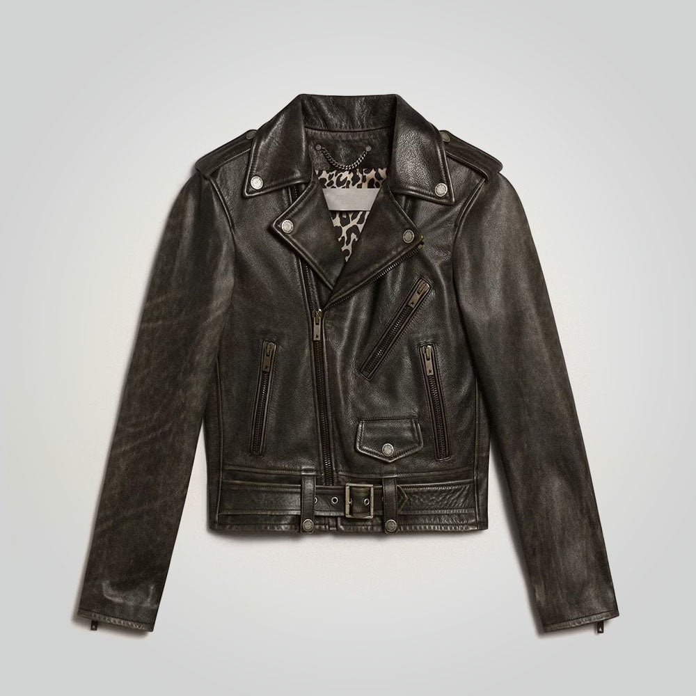 A distressed black leather motorcycle jacket with a belted waist, zippered front, and multiple zip pockets, laid flat against a light gray background.