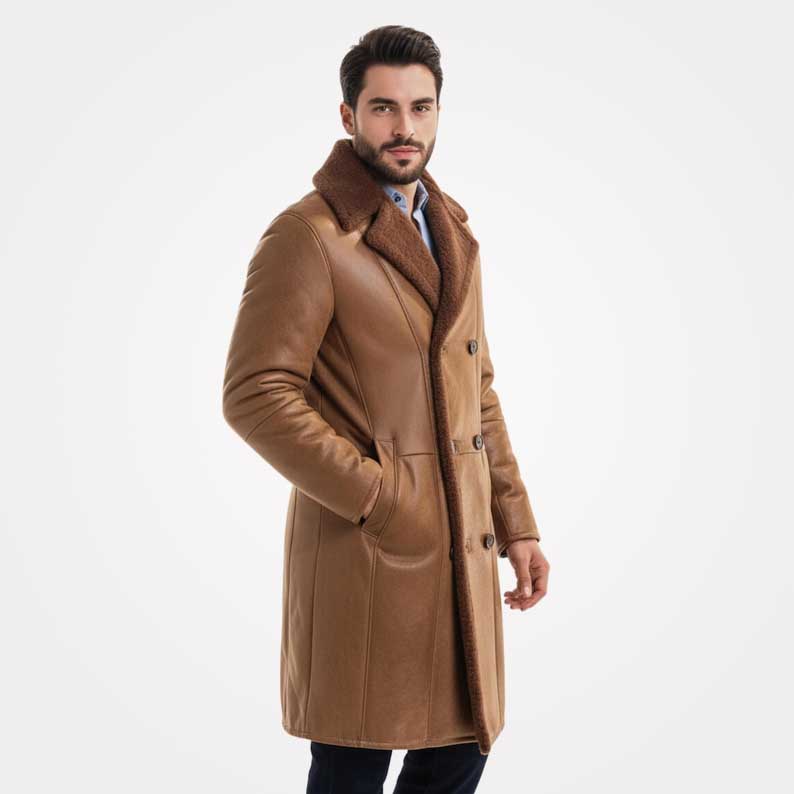 Man wearing a brown leather coat with fur collar on a white background