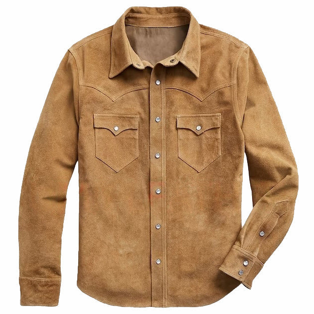 Brown suede shirt with button details on a white background