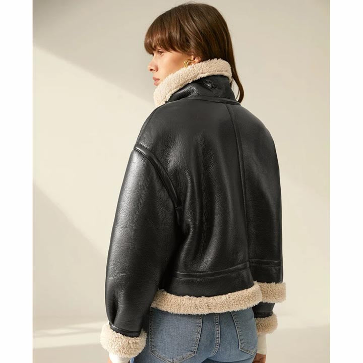 Women Flight Shearling Leather Jacket Back view