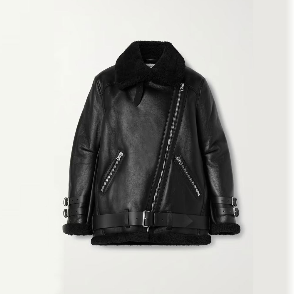 A black leather aviator-style jacket with a plush black shearling collar, matching shearling lining at the hem and cuffs, and silver-tone hardware, shown against a plain light background.