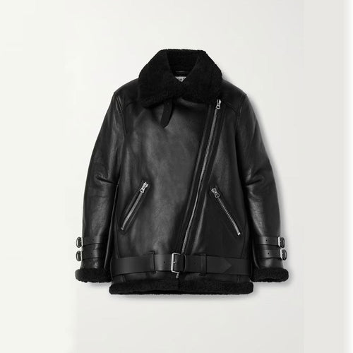 A black leather aviator-style jacket with a plush black shearling collar, matching shearling lining at the hem and cuffs, and silver-tone hardware, shown against a plain light background.