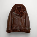 Brown leather jacket with fur collar on a light gray background
