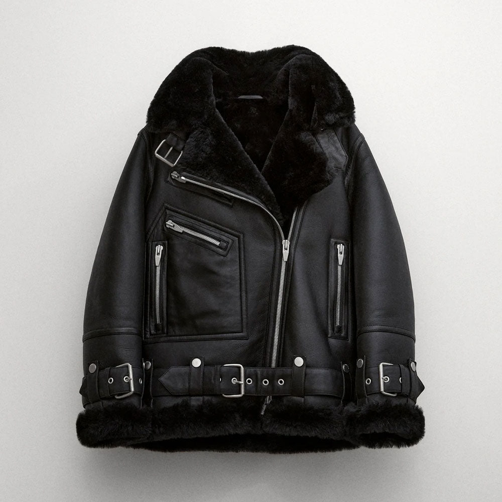 Black leather jacket with fur lining on a white background