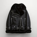 Black leather jacket with fur lining on a white background