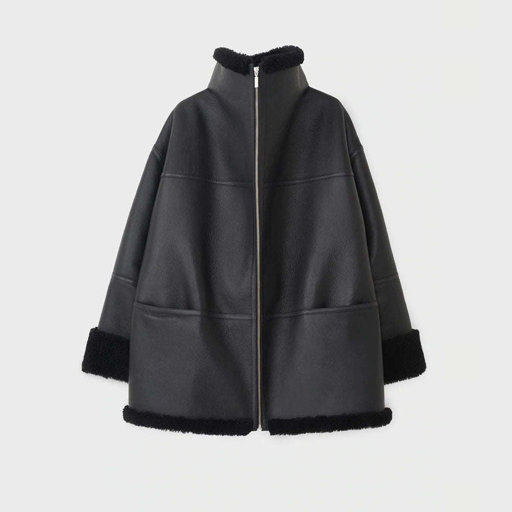 Dark gray coat with black trim on a light gray background
