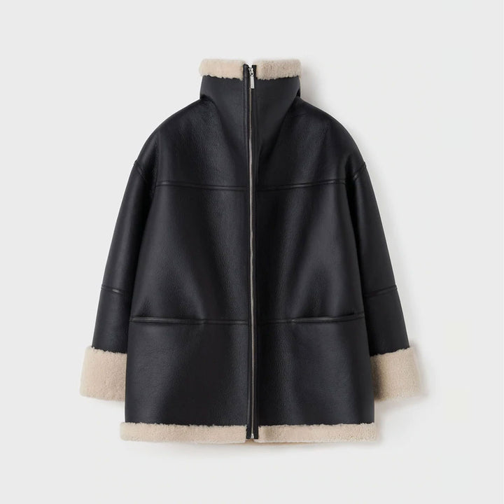 zipper closer view of shearling jacket