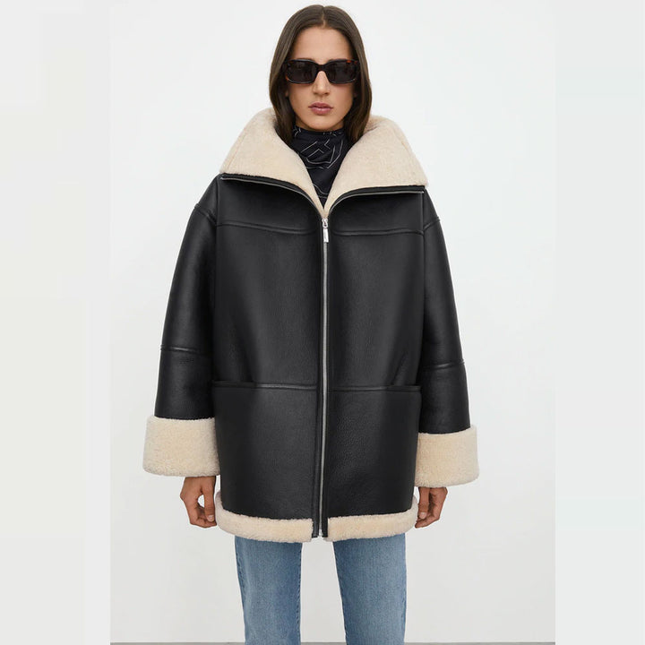 model wearing women shearling black leather jacket