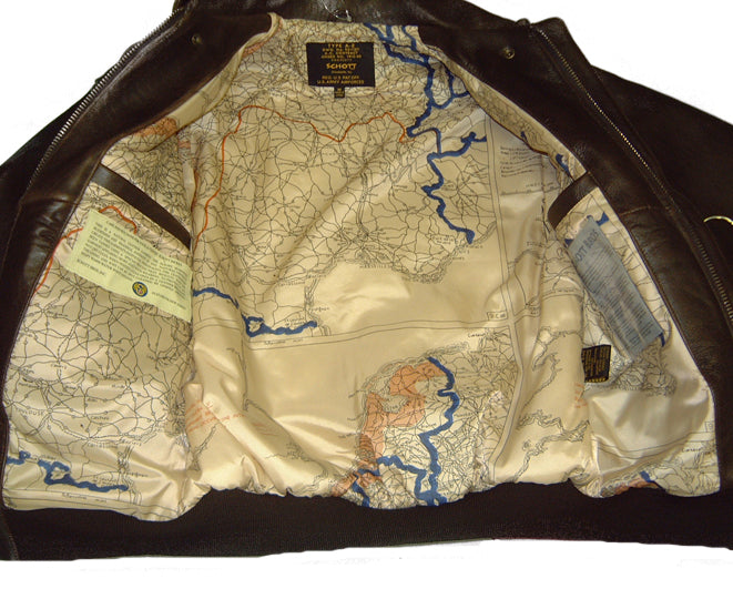 Map pattern on the inside of a leather jacket with visible brand labels.