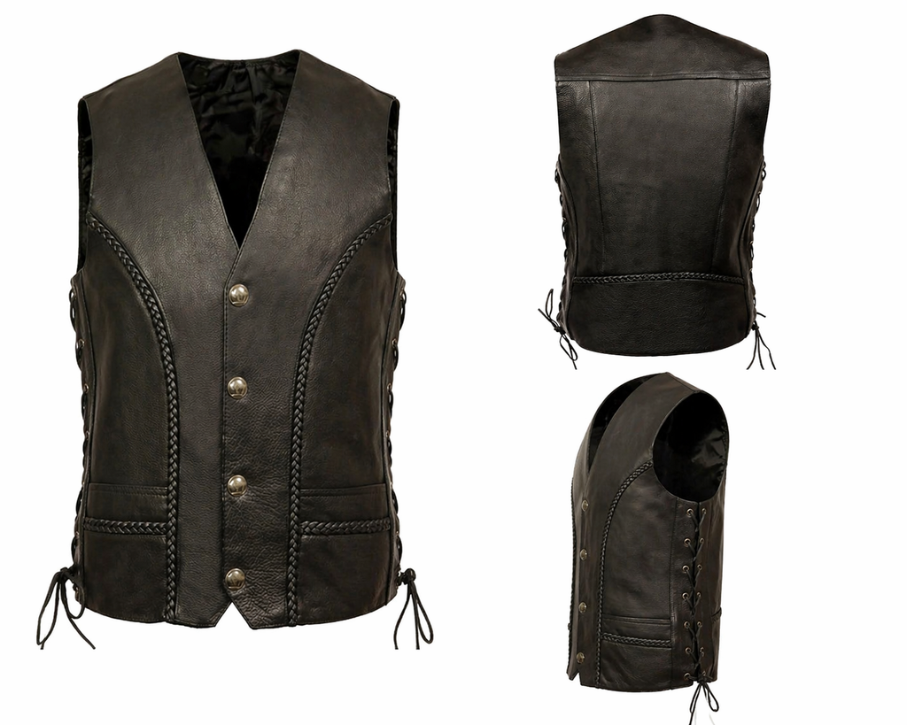 Black leather vest shown from front, back, and side views on a white background