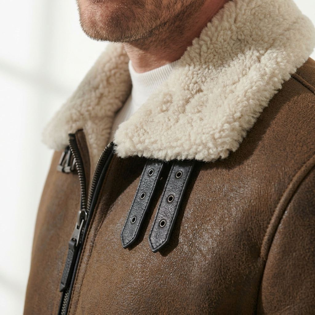 Close-up of a brown leather aviator-style jacket with a thick cream sherpa collar, worn by a model over a white shirt.