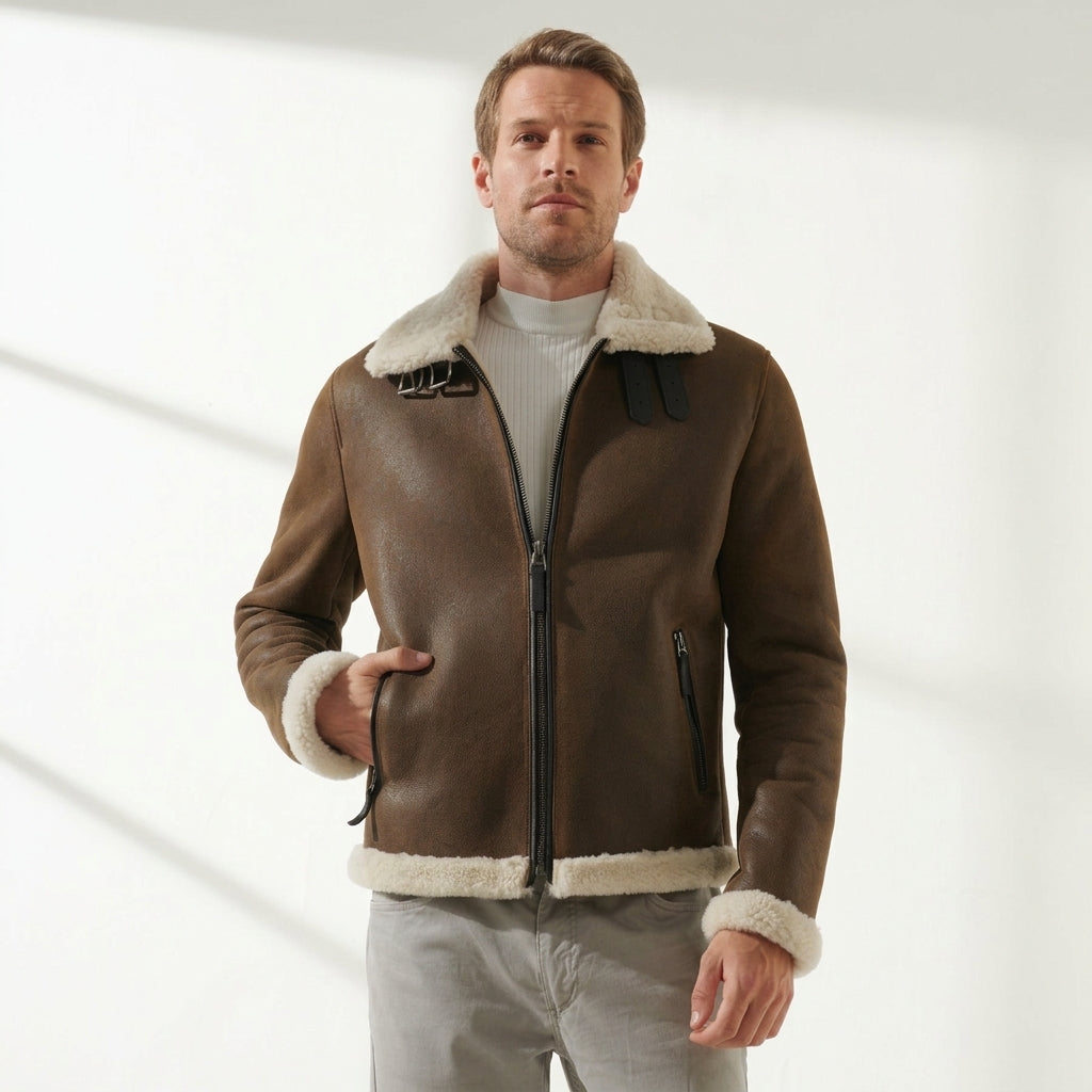A man wearing a brown shearling-lined aviator jacket with a cream-colored collar, cuffs, and hem, paired with a white ribbed t-shirt and gray jeans, standing against a white studio background with soft diagonal shadows.