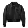Women’s black cropped Avirex studded goatskin leather jacket front view