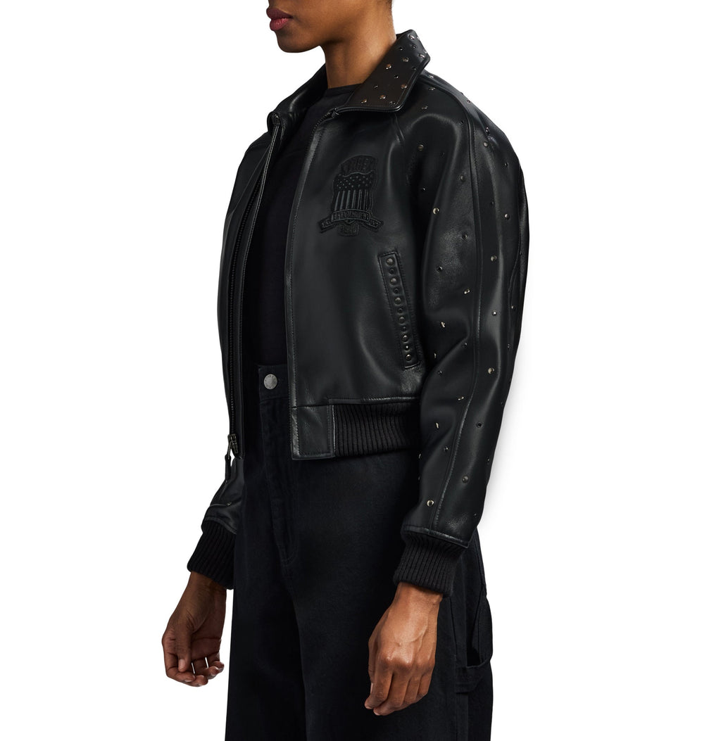 Cropped black knitted rib hem and leather panel construction