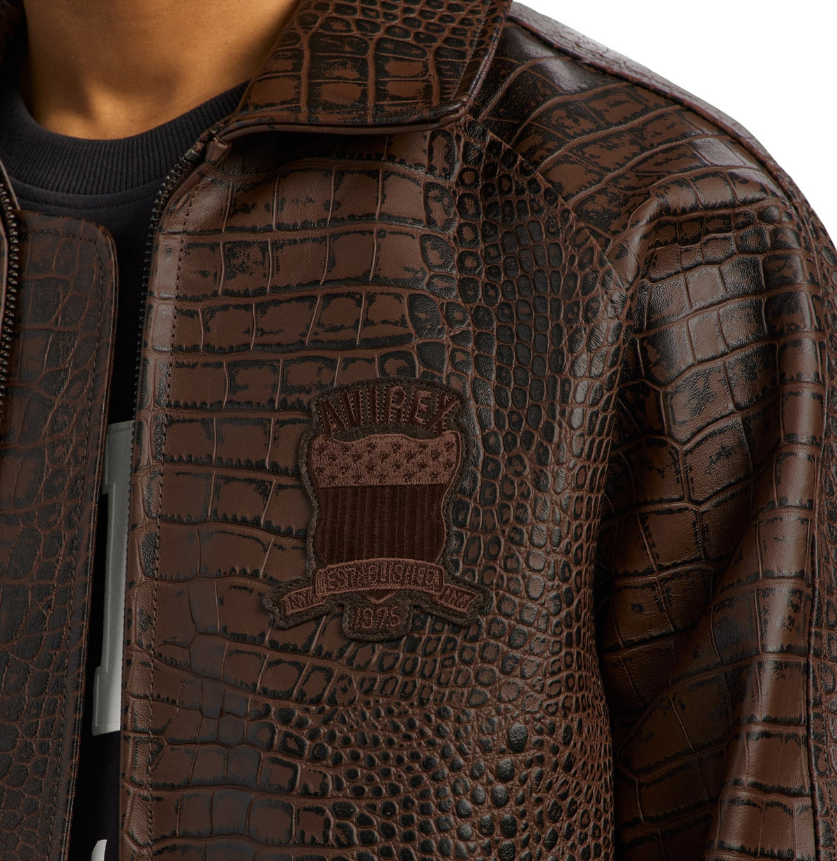 Wide ribbed hem on brown croc-effect bomber jacket