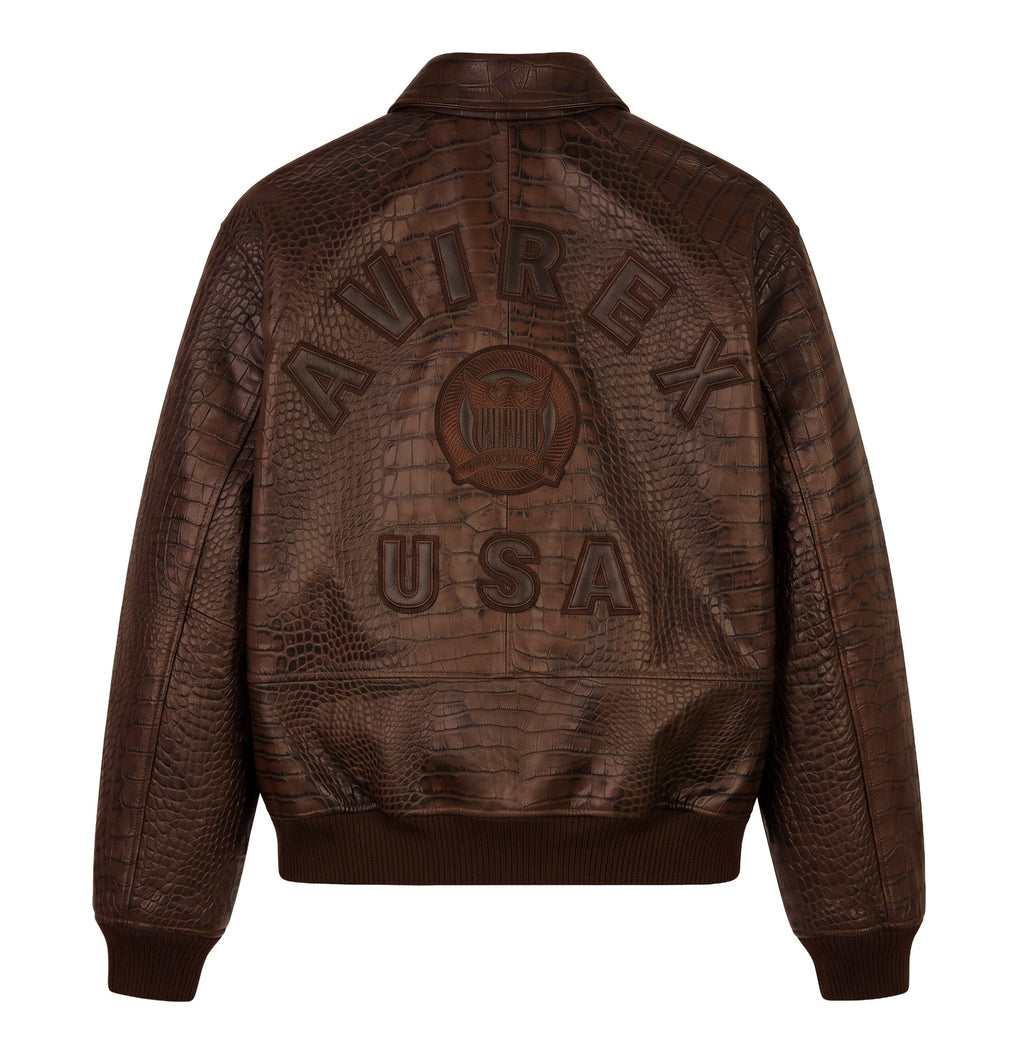 Back view of brown Avirex crocodile-textured leather jacket