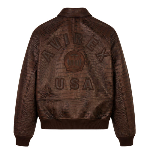 Back view of brown Avirex crocodile-textured leather jacket