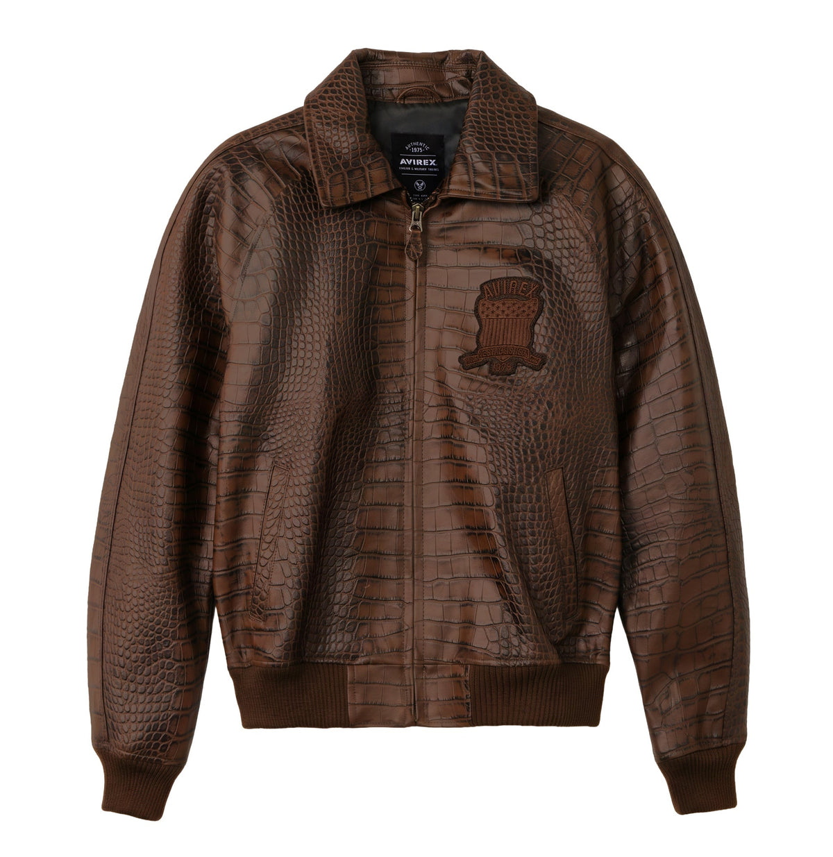 Brown Avirex Iconic croc-effect leather bomber jacket front view