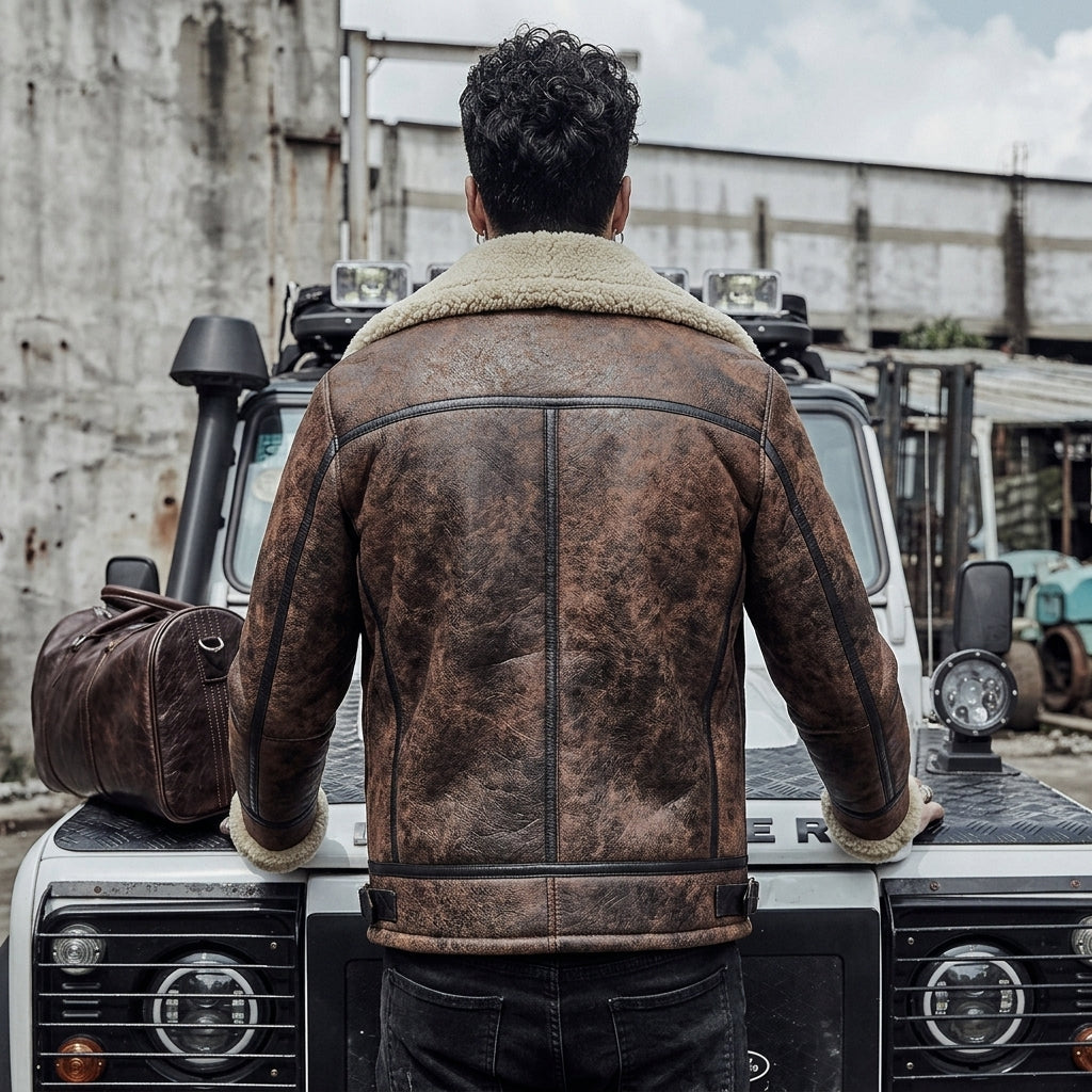 A man viewed from behind wearing a distressed brown leather aviator jacket with a beige shearling collar, leaning against the hood of a white off-road vehicle in an industrial outdoor setting.