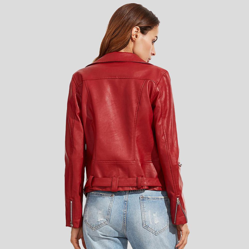 Person wearing a red leather jacket on a plain background