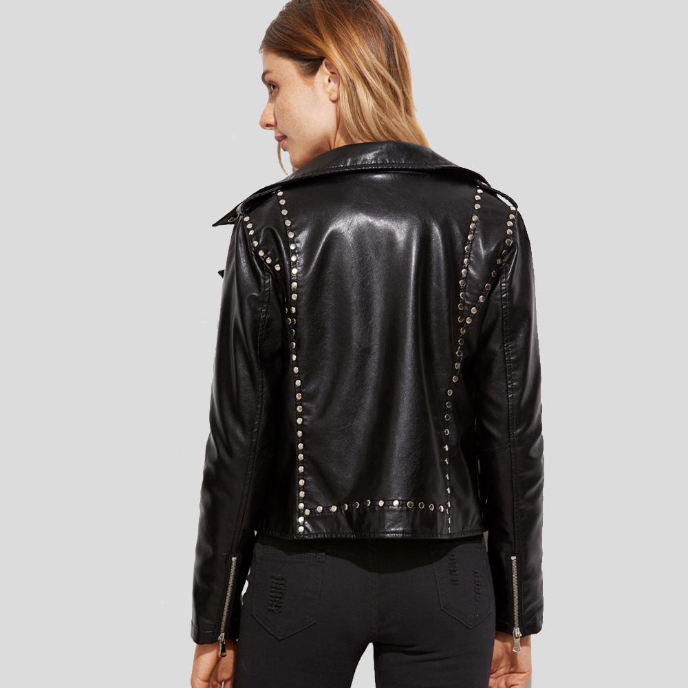 Black leather jacket with studded details on a gray background