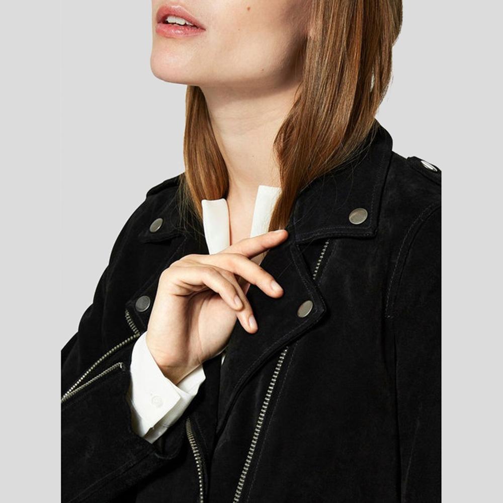 Person wearing a black jacket with a plain background