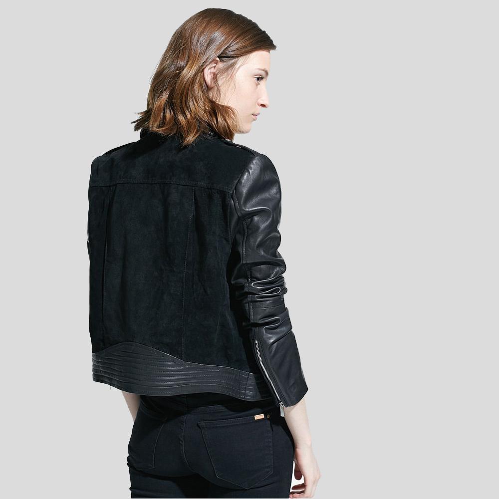 Person wearing a black leather jacket on a plain background
