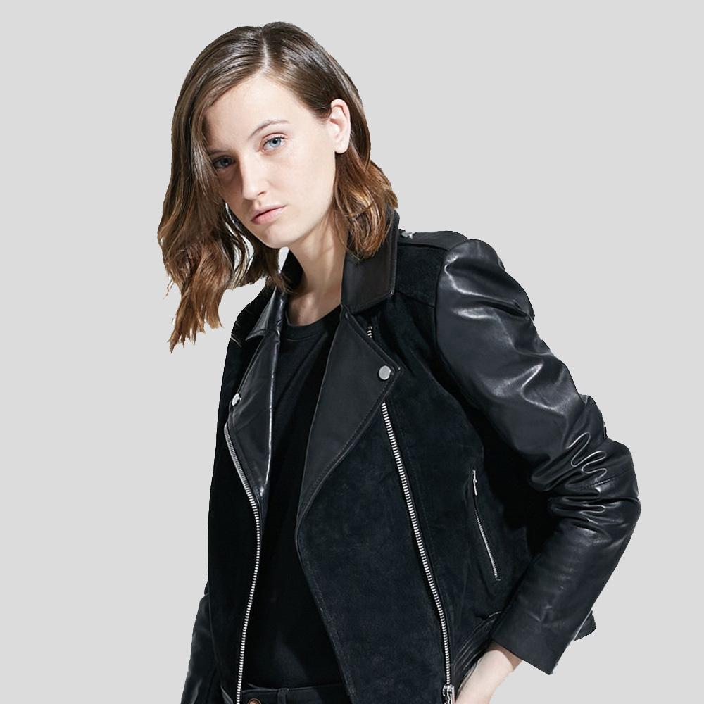 Person wearing a black leather jacket on a light gray background