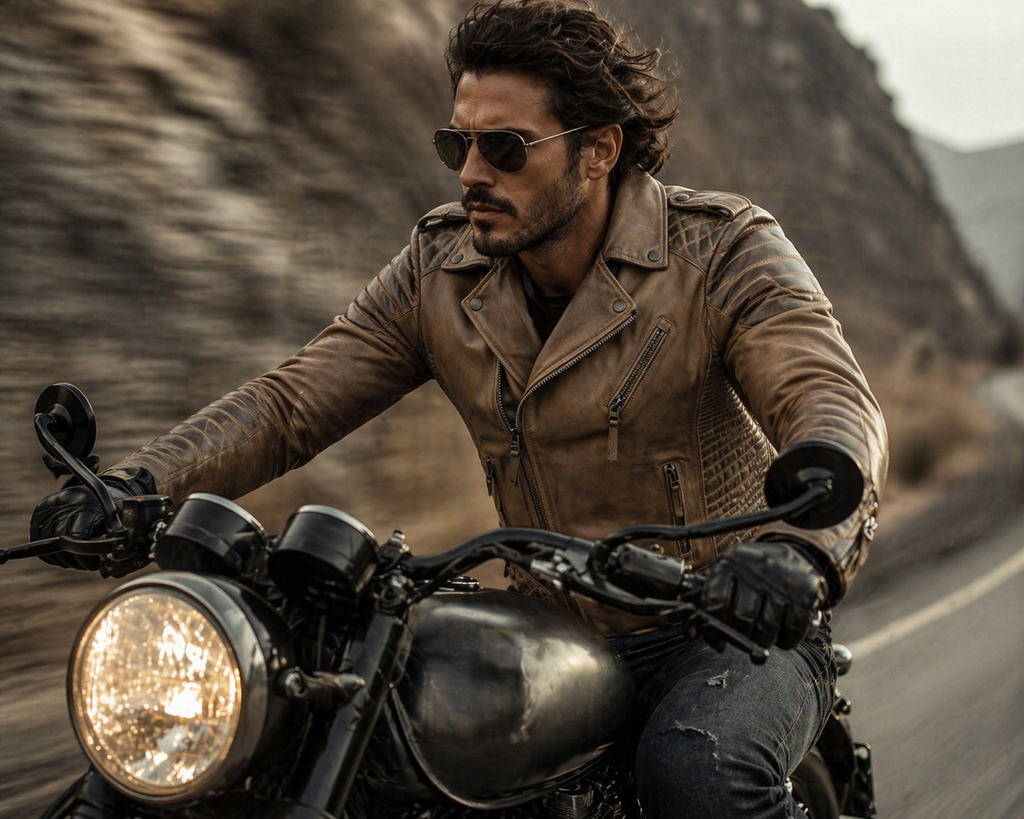 Light Brown Biker Leather Jacket - Waxed Biker Jacket