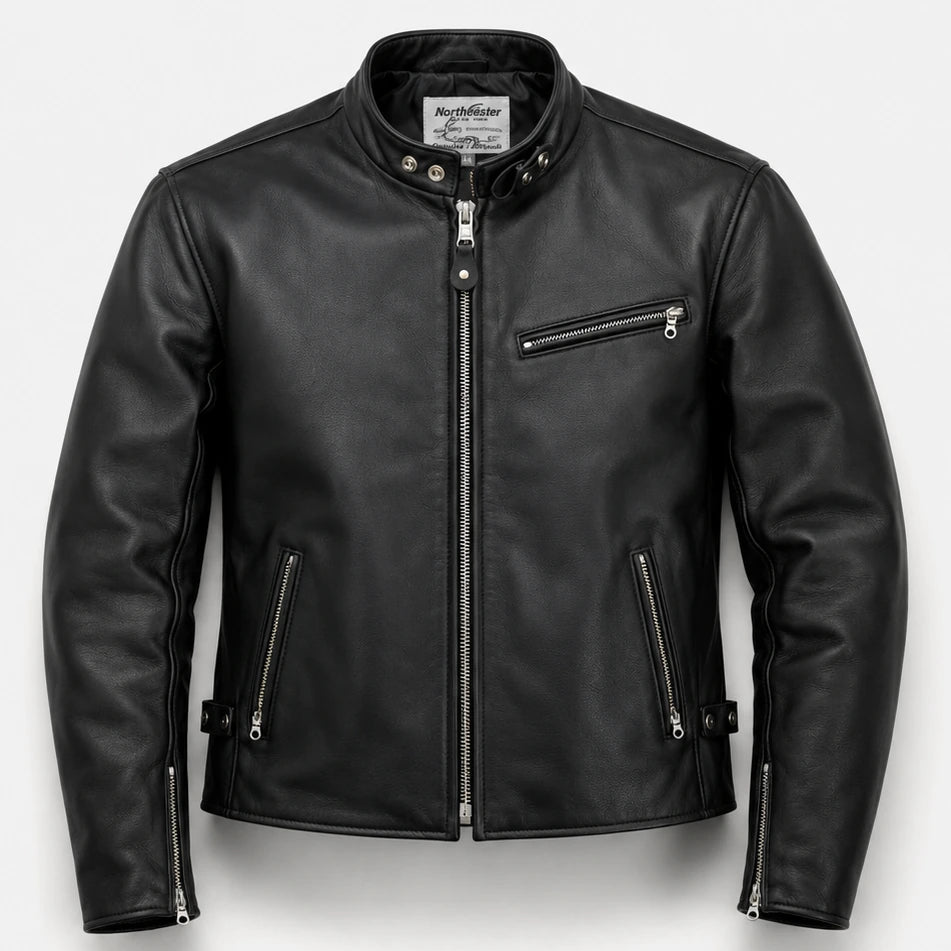 A black leather motorcycle jacket with a stand collar, front zipper, zippered chest pocket, and zippered side pockets, shown on a light gray background.