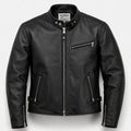 A black leather motorcycle jacket with a stand collar, front zipper, zippered chest pocket, and zippered side pockets, shown on a light gray background.
